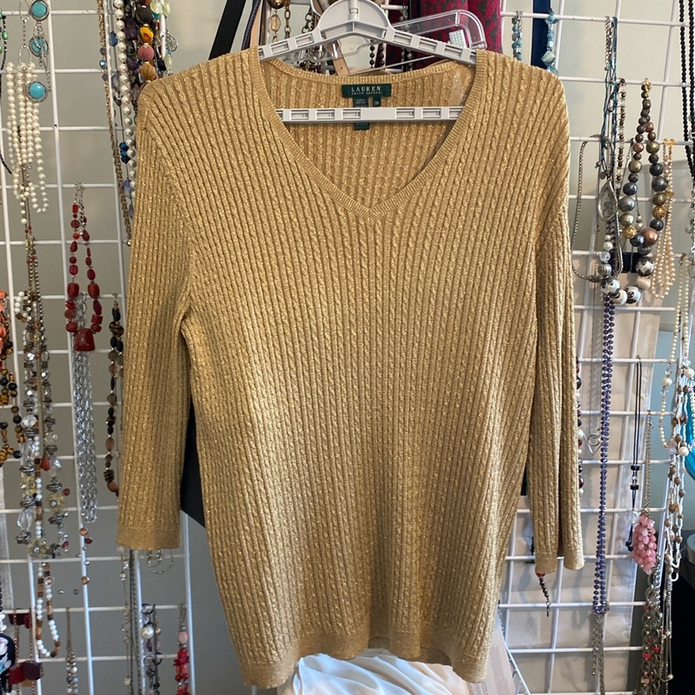 Lauren Ralph Lauren Women gold v neck 3/4 sleeve, sparkle NWT retail $139